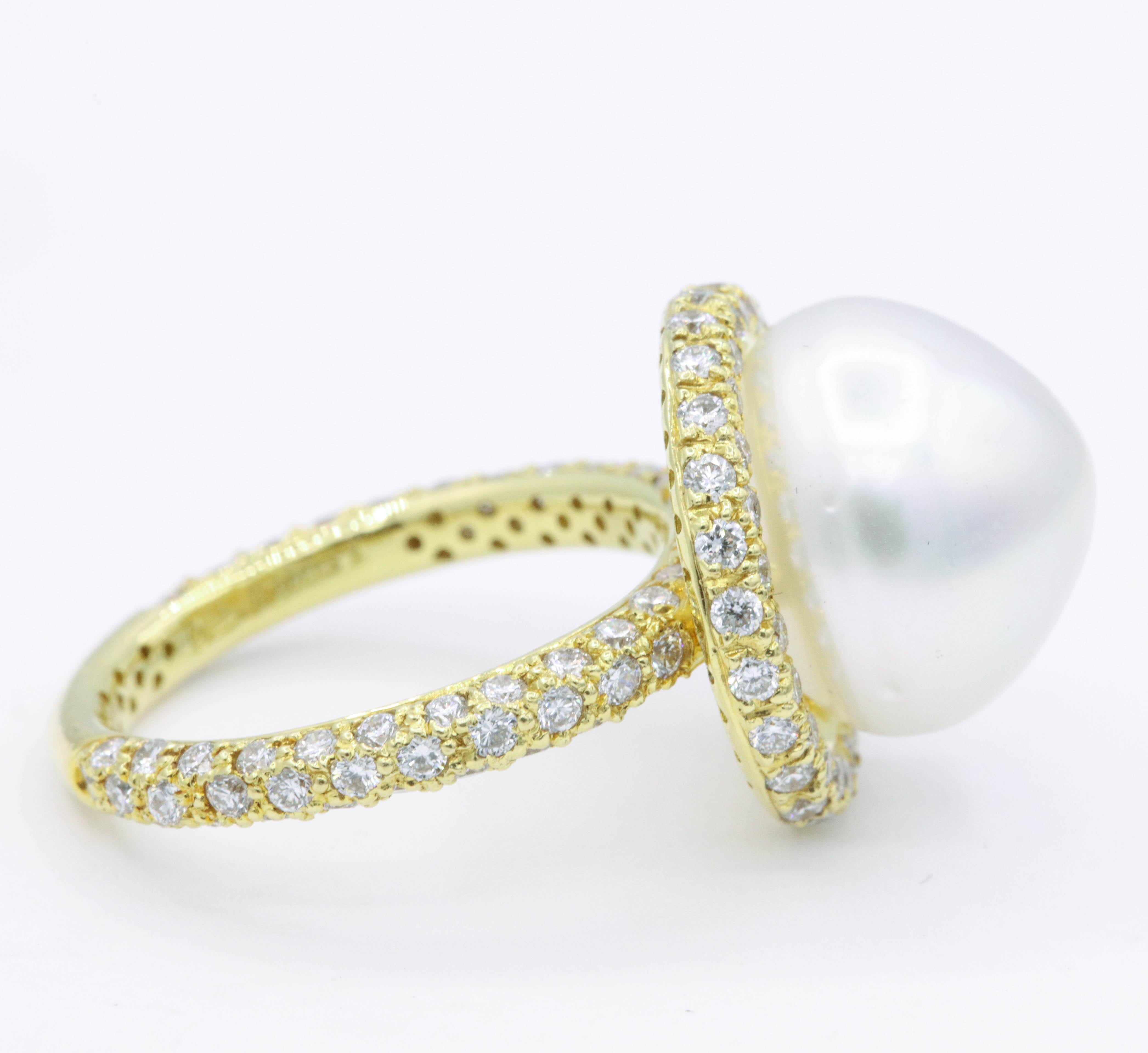 Round Cut Three Row Diamond Pearl Cocktail Ring 1.57 Carats 18 Karat Yellow Gold 13MM For Sale