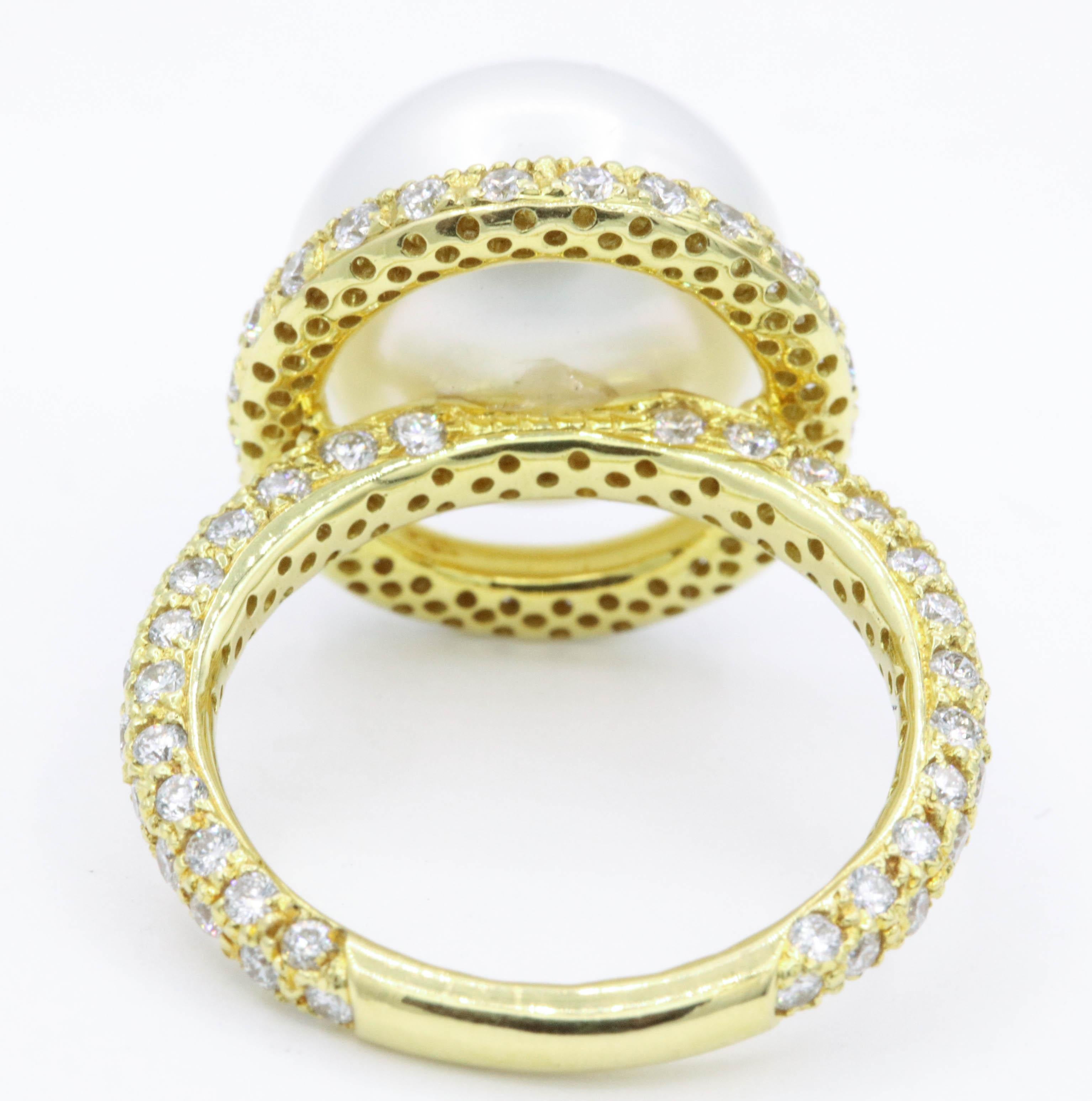 Yellow Gold Diamond and Pearl Ring, 1.57 Carat In New Condition For Sale In New York, NY