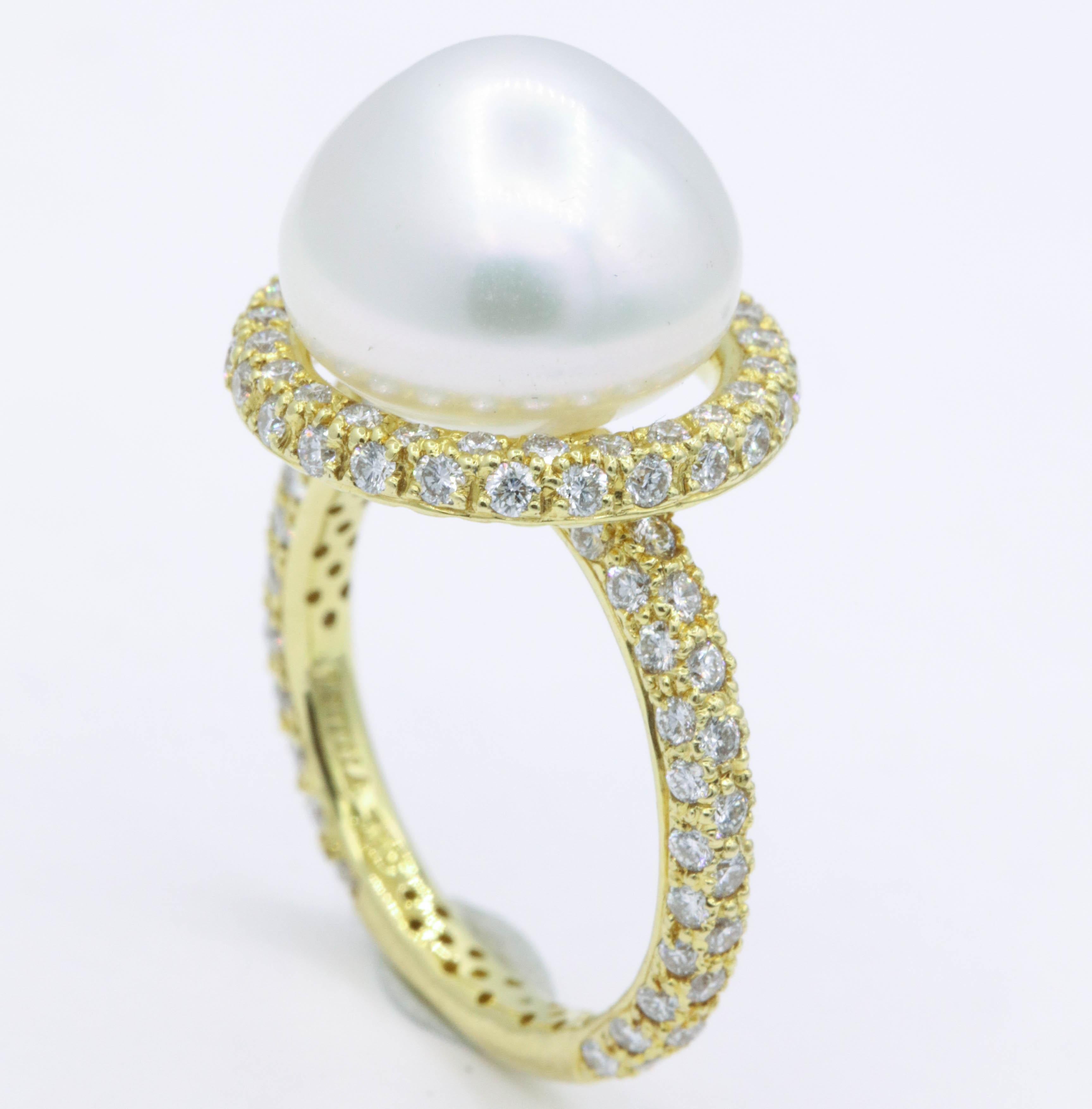 Women's Yellow Gold Diamond and Pearl Ring, 1.57 Carat For Sale