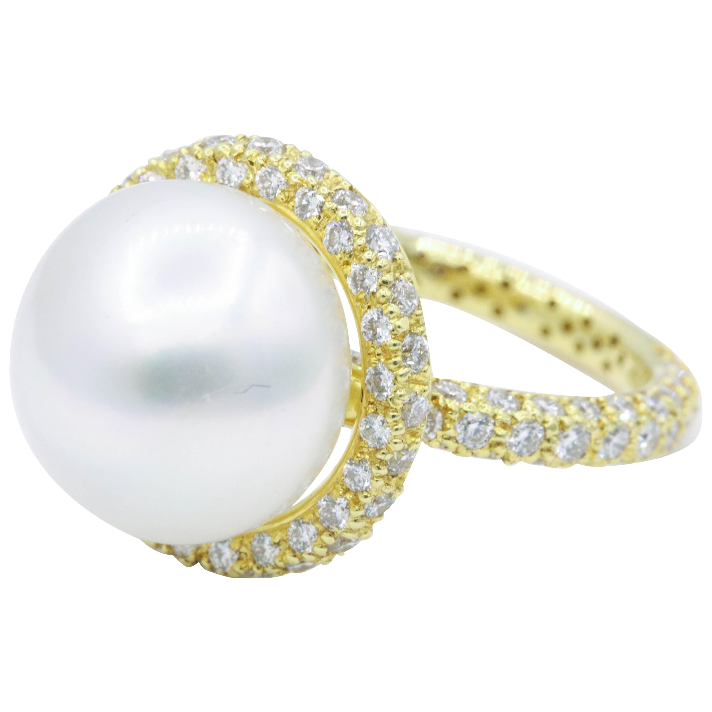 Yellow Gold Diamond and Pearl Ring, 1.57 Carat For Sale at 1stDibs