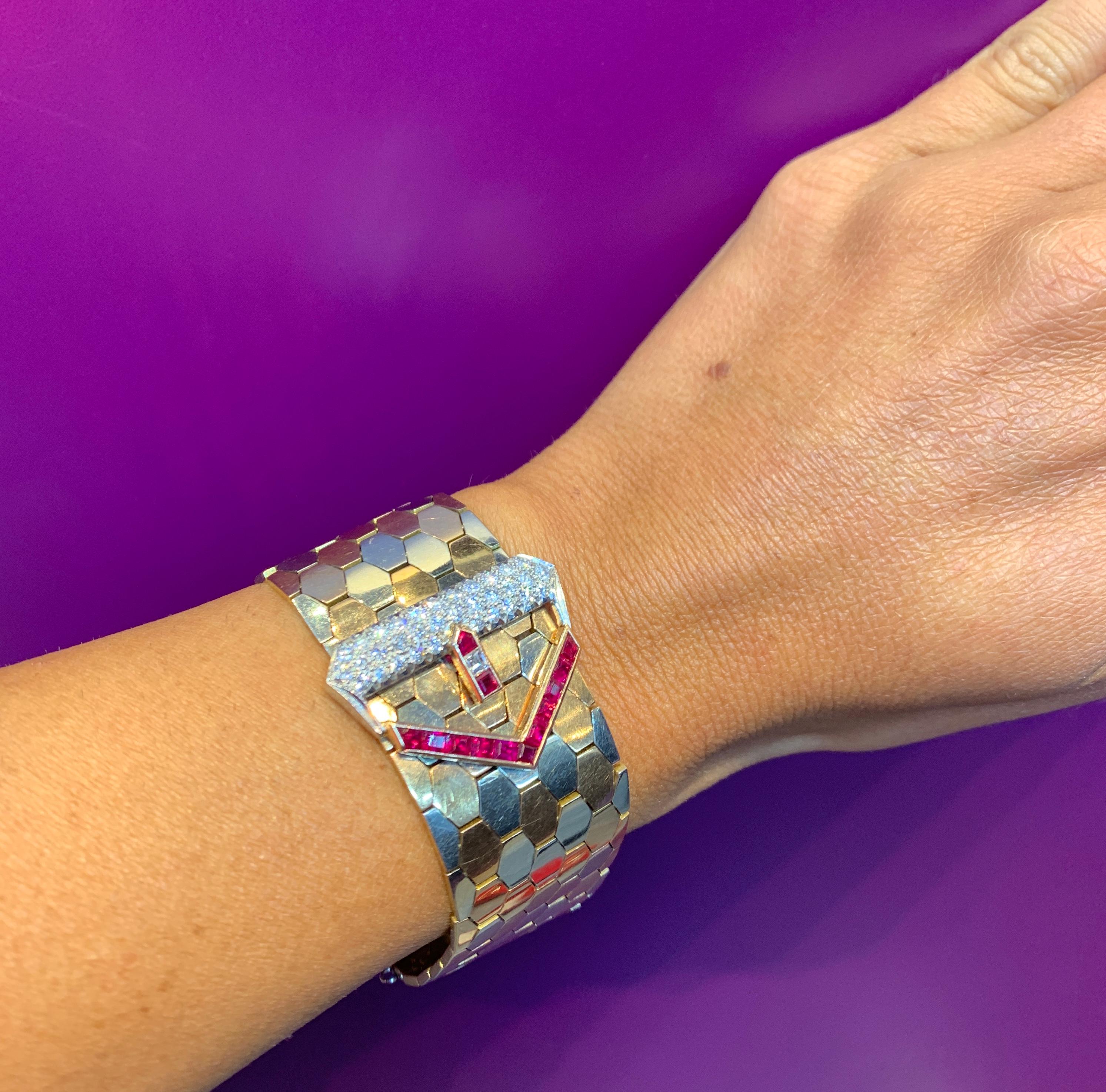 Retro Yellow Gold Diamond and Ruby Buckle Bracelet