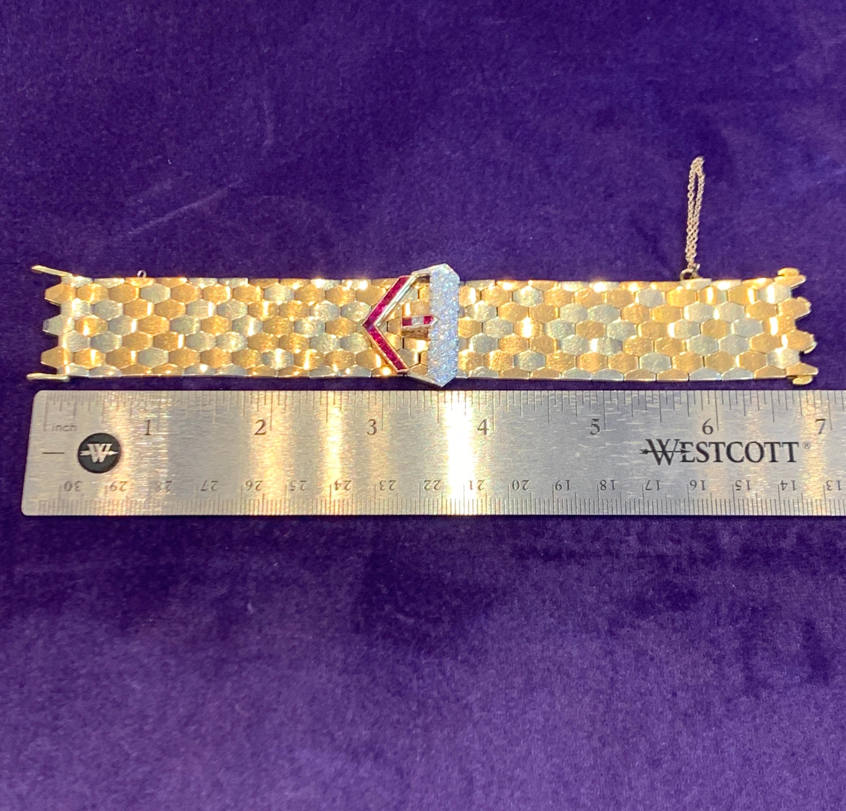 Round Cut Yellow Gold Diamond and Ruby Buckle Bracelet