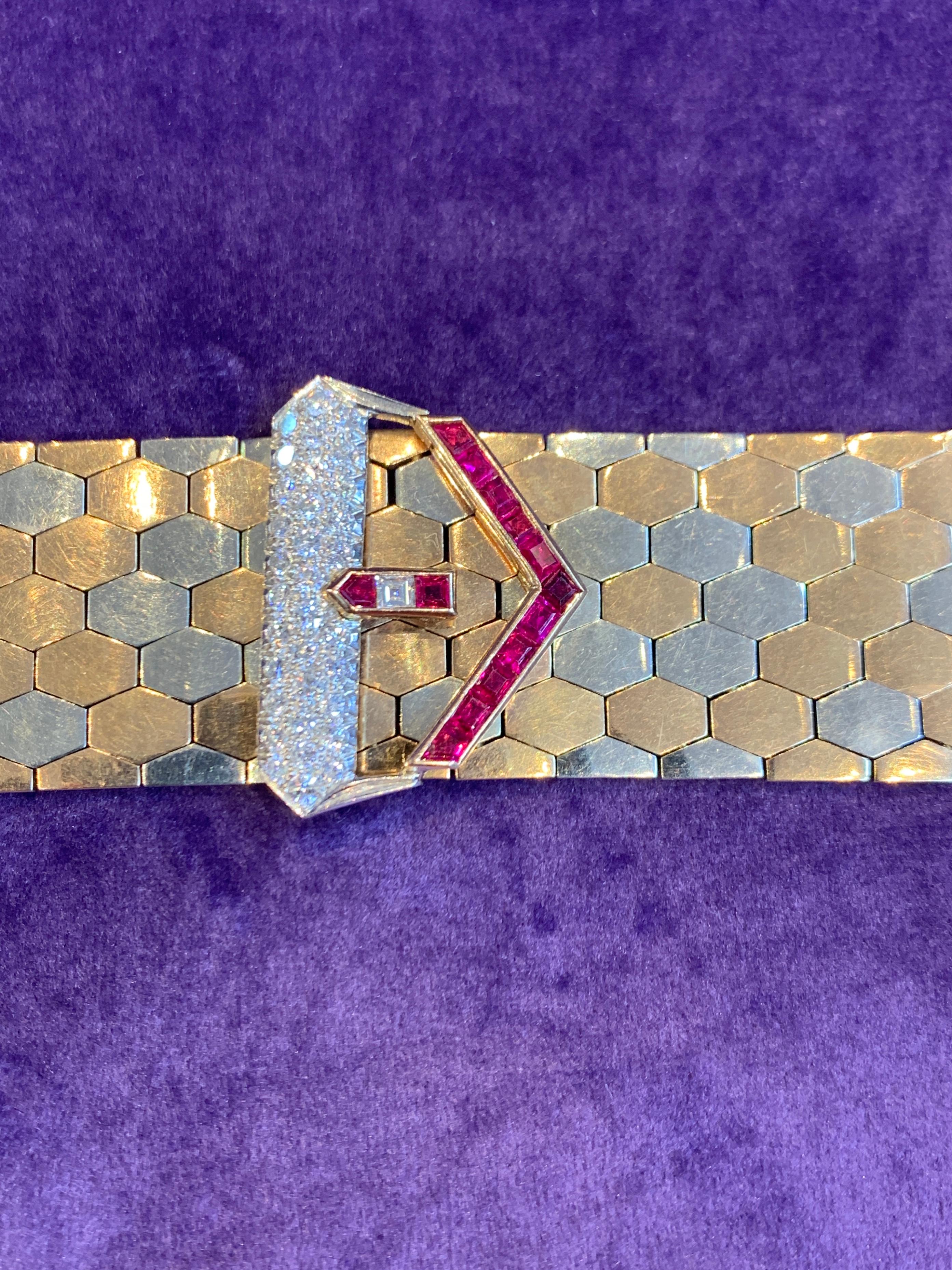 Yellow Gold Diamond and Ruby Buckle Bracelet In Excellent Condition In New York, NY