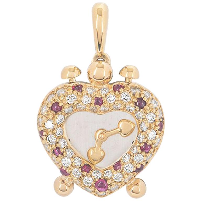 Yellow Gold Diamond and Ruby Heart Clock Pendant For Sale