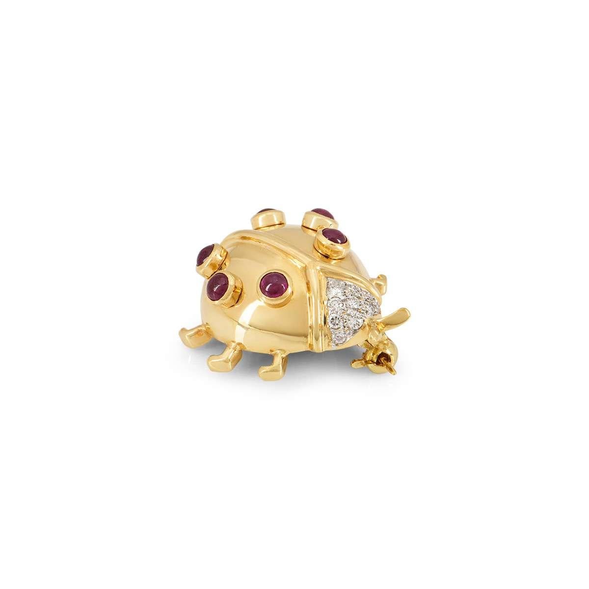 Round Cut Yellow Gold Diamond and Ruby Ladybird Brooch For Sale