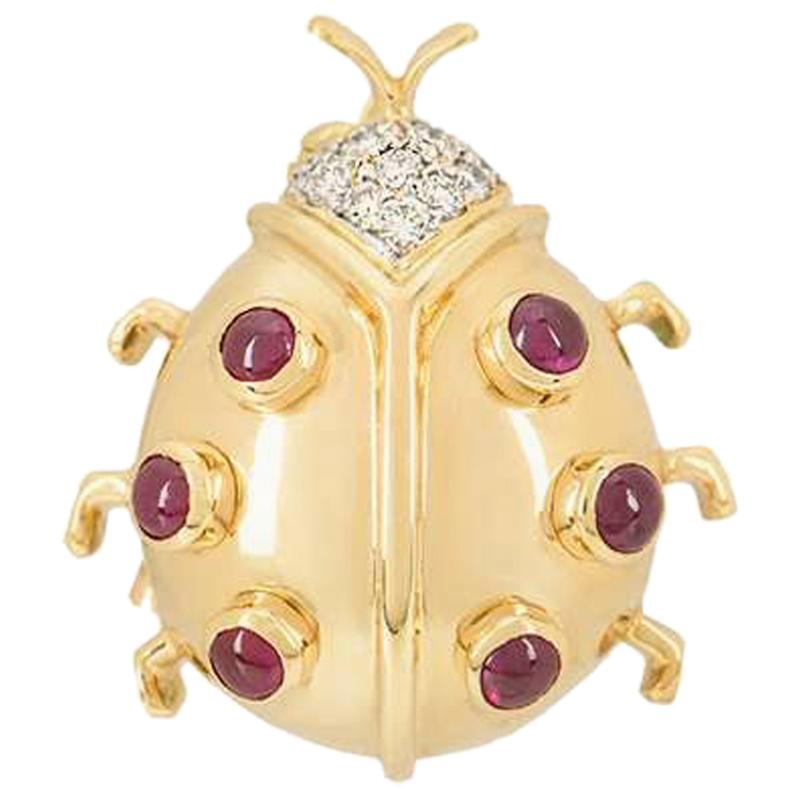 Yellow Gold Diamond and Ruby Ladybird Brooch For Sale