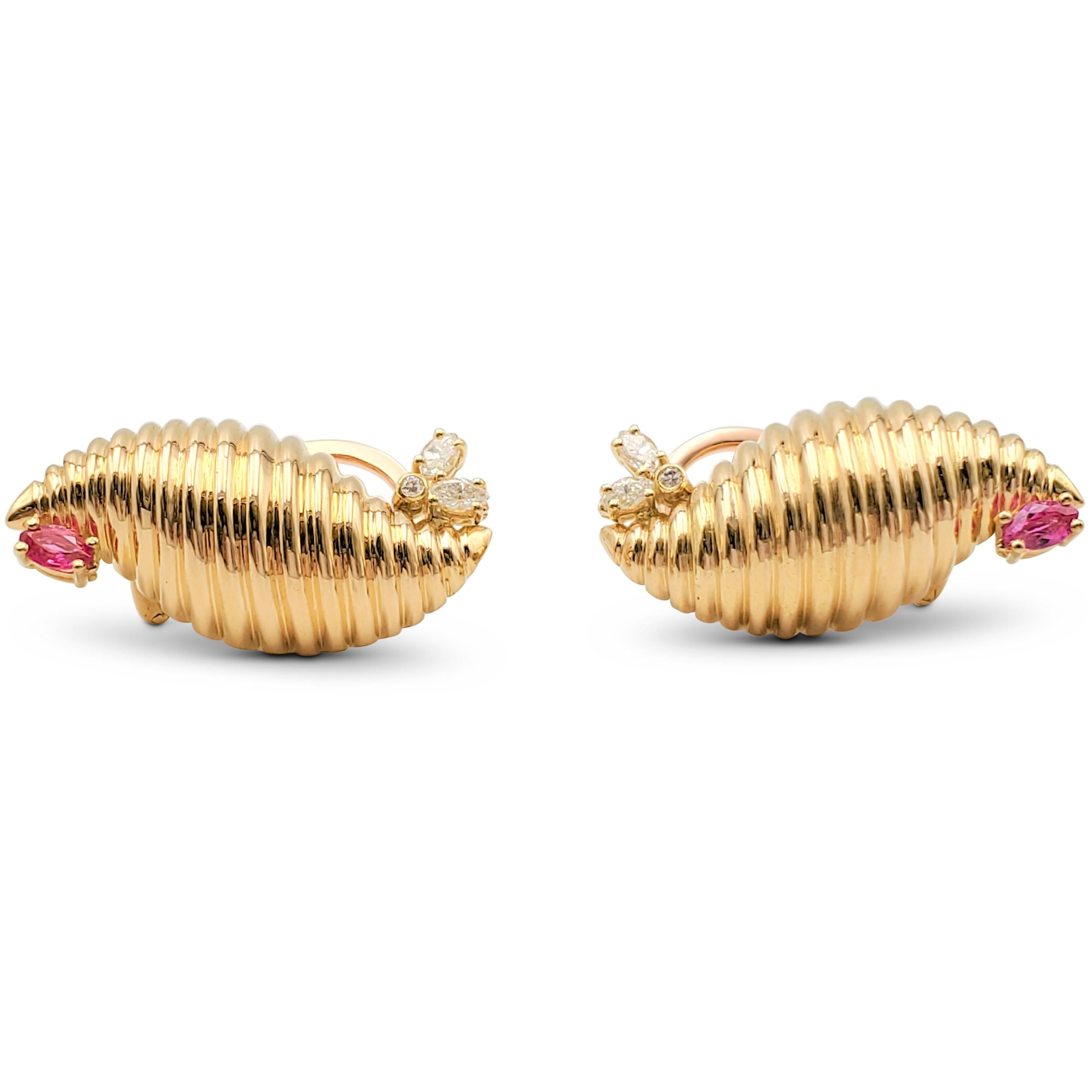 Yellow Gold Diamond and Ruby Scroll Earrings In Excellent Condition In New York, NY