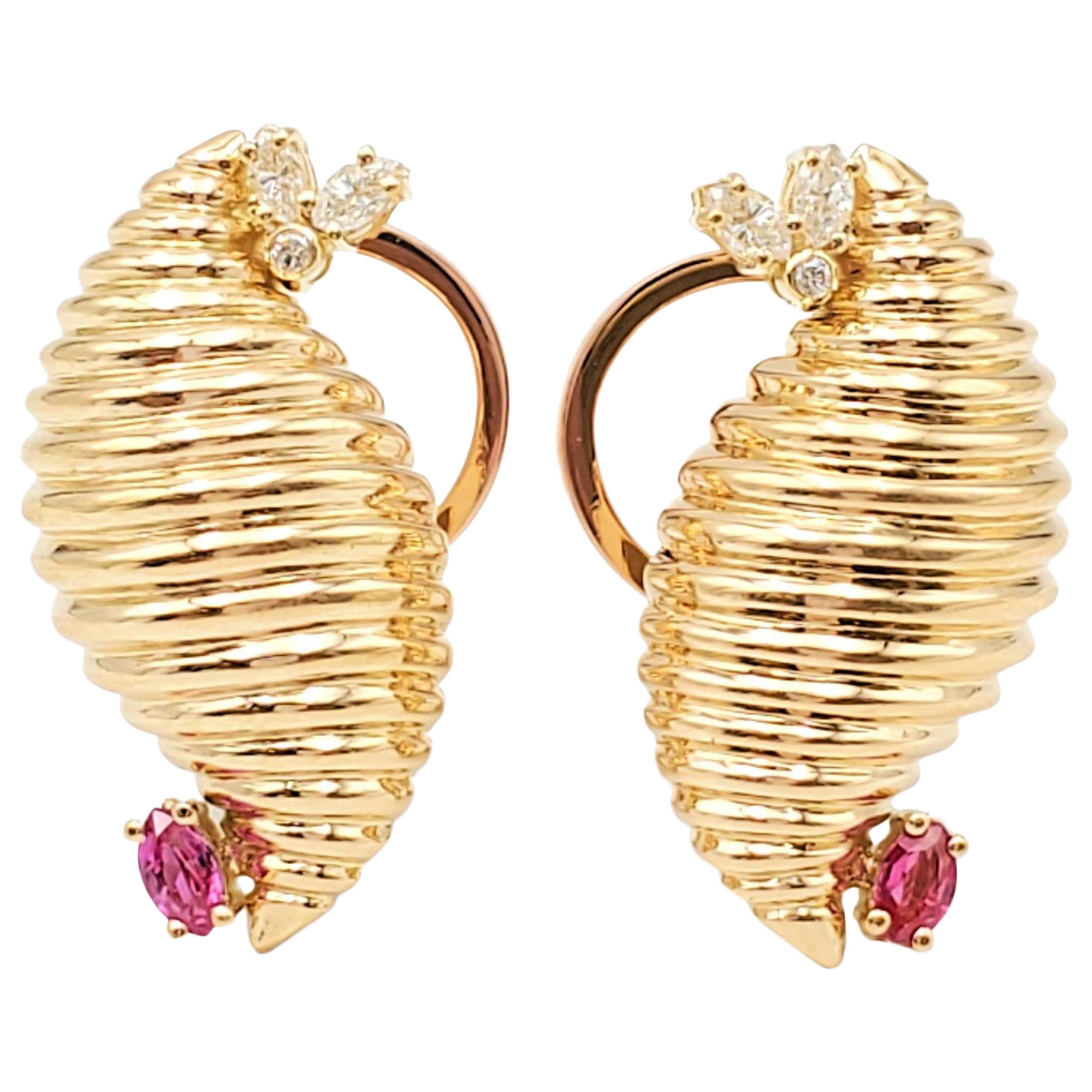 Yellow Gold Diamond and Ruby Scroll Earrings