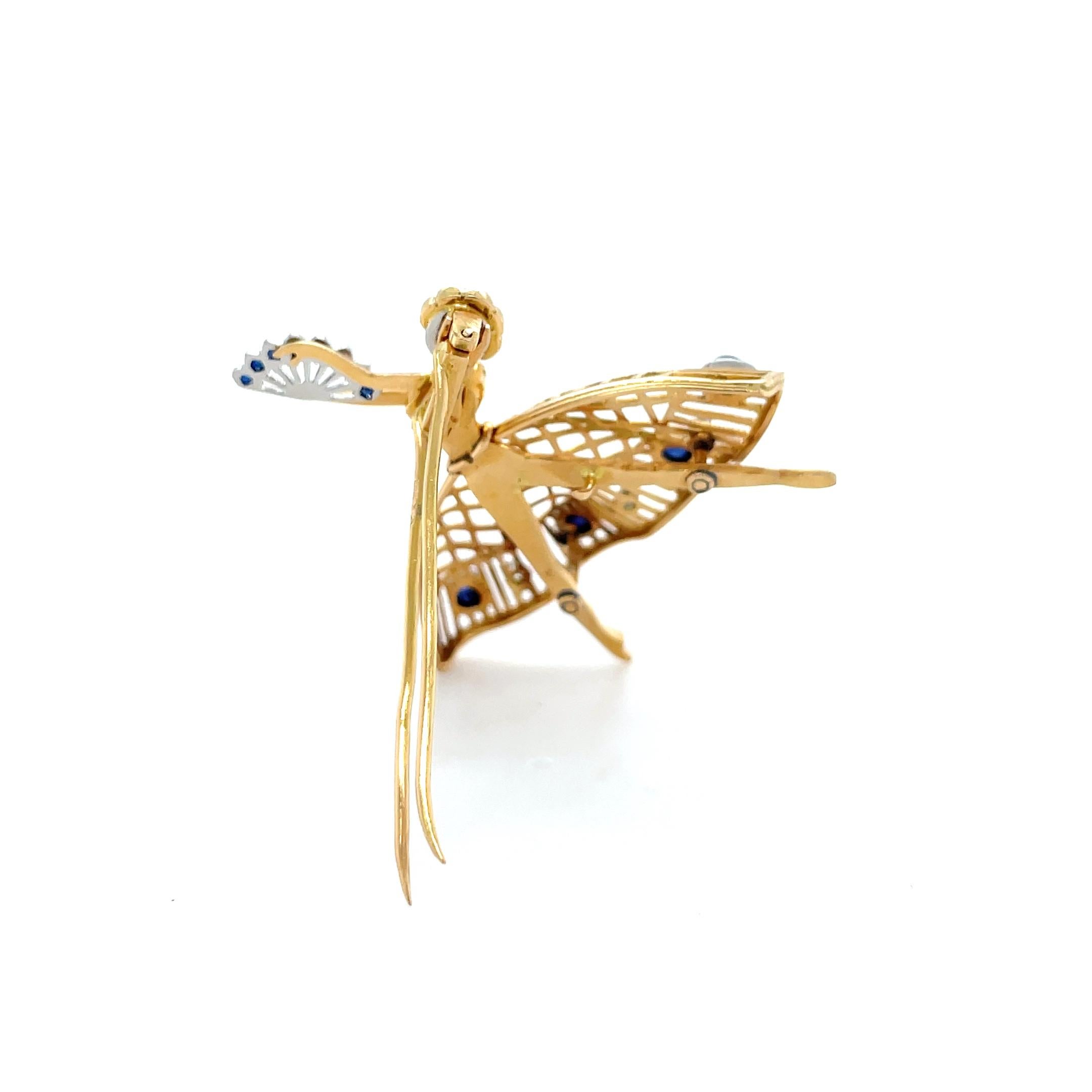 Old Mine Cut Yellow Gold, Diamond and Sapphire Ballerina Brooch