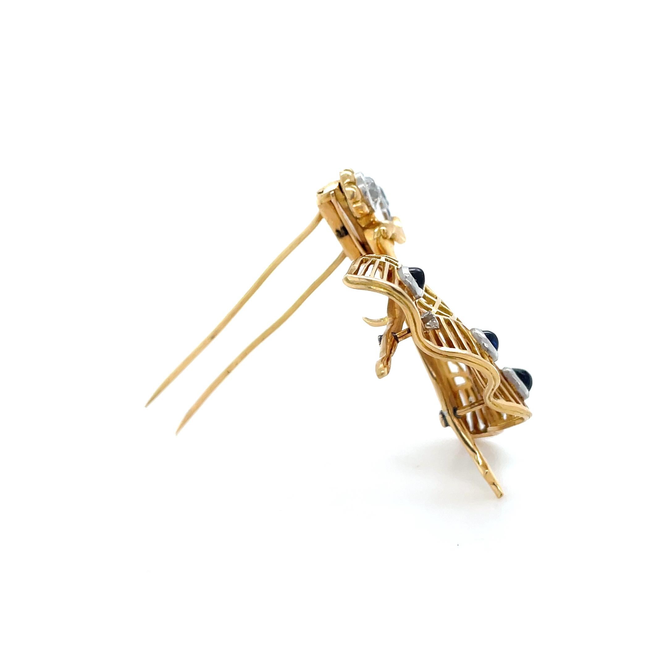 Yellow Gold, Diamond and Sapphire Ballerina Brooch In Good Condition In Chicago, IL