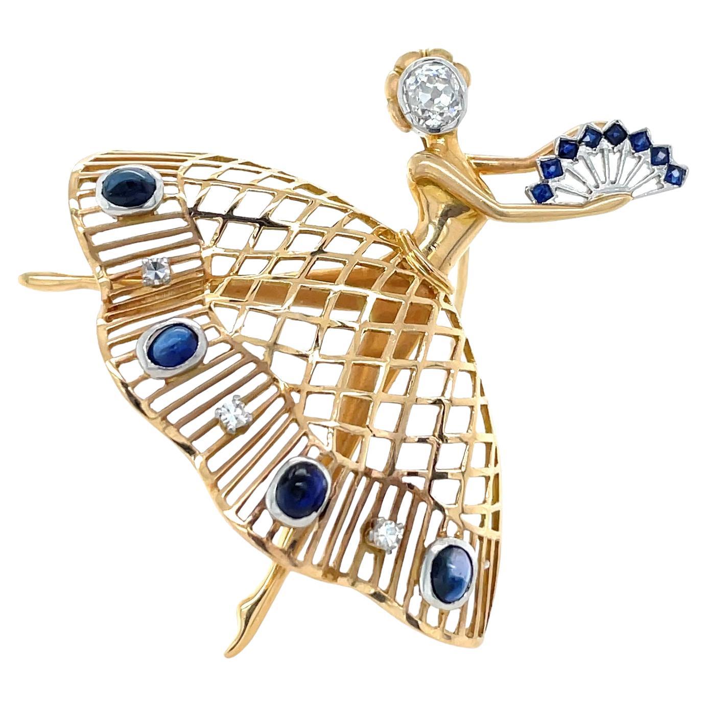 Yellow Gold, Diamond and Sapphire Ballerina Brooch
