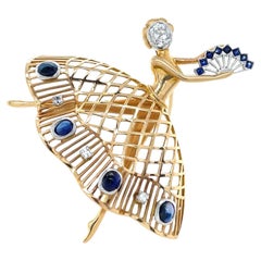 Yellow Gold, Diamond and Sapphire Ballerina Brooch