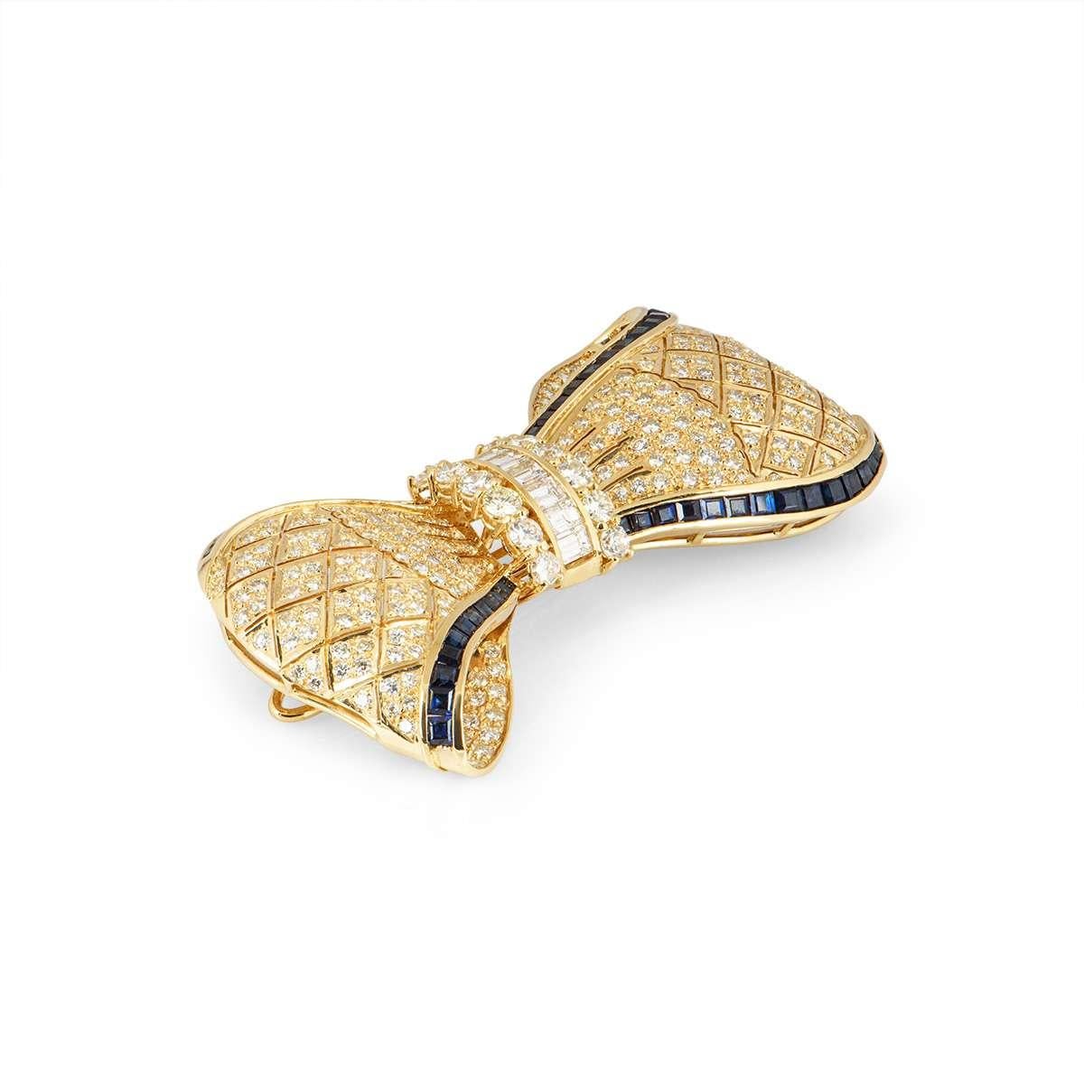 Round Cut Yellow Gold Diamond and Sapphire Bow Brooch 7.62 carats