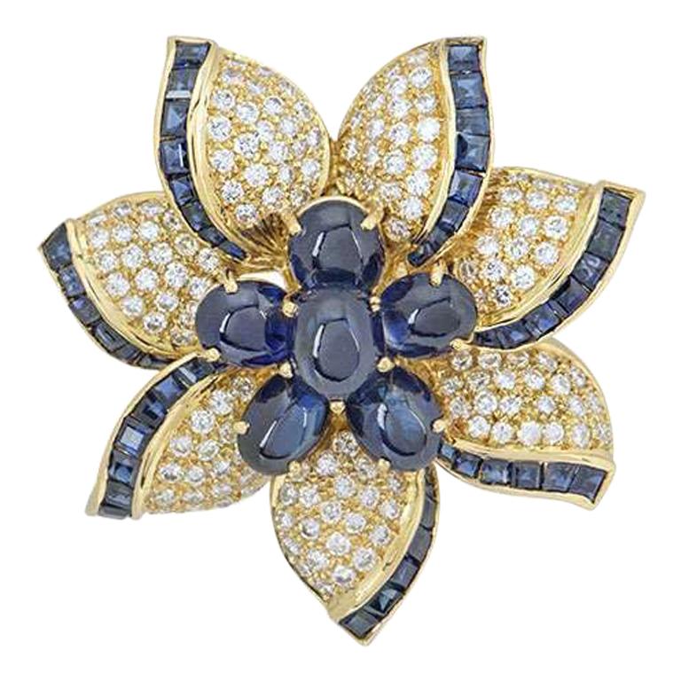 Yellow Gold Diamond and Sapphire Flower Brooch For Sale