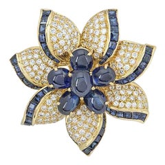 Vintage Yellow Gold Diamond and Sapphire Flower Brooch