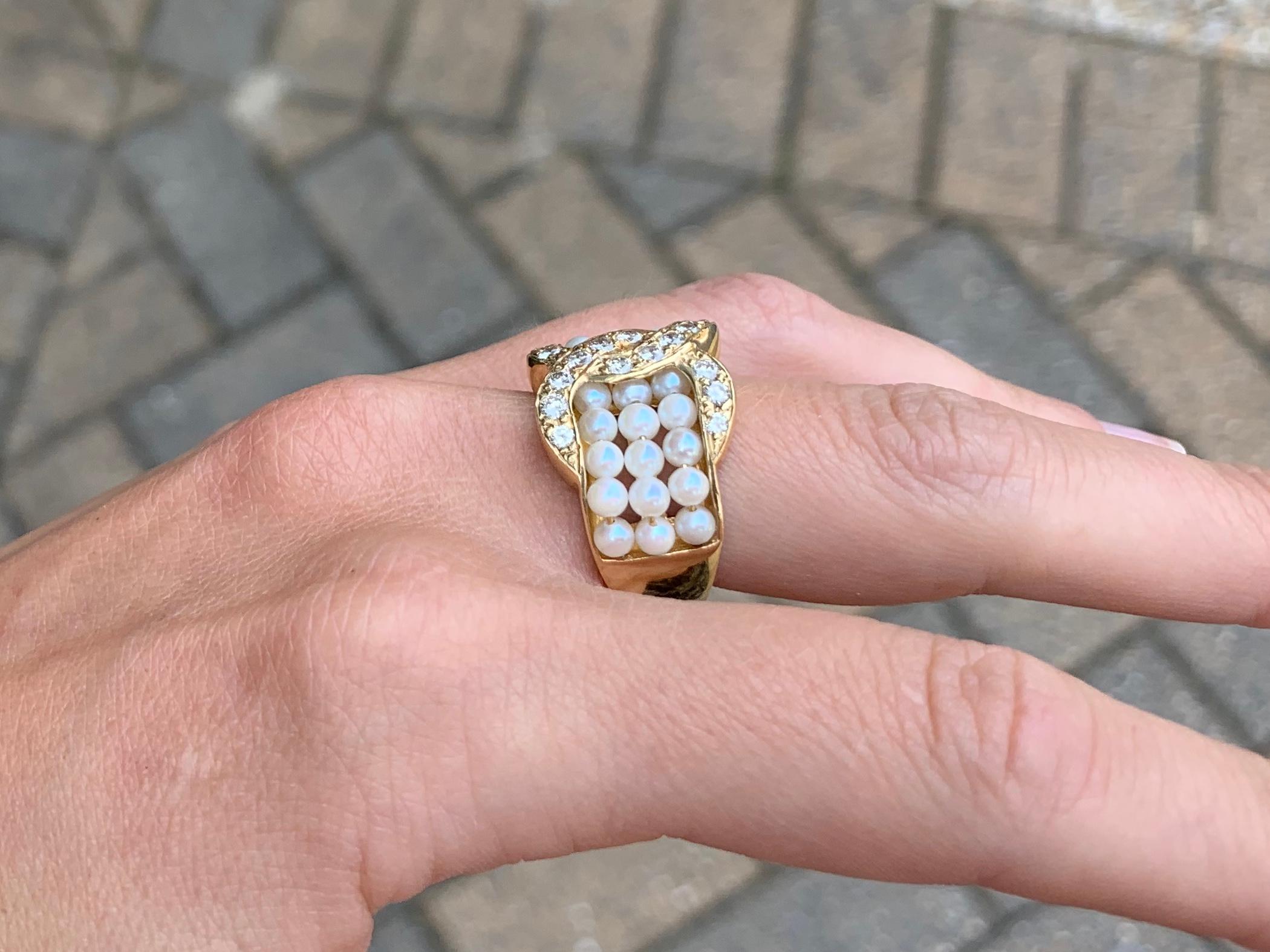 Yellow Gold Diamond and Seed Pearl Ring For Sale 5