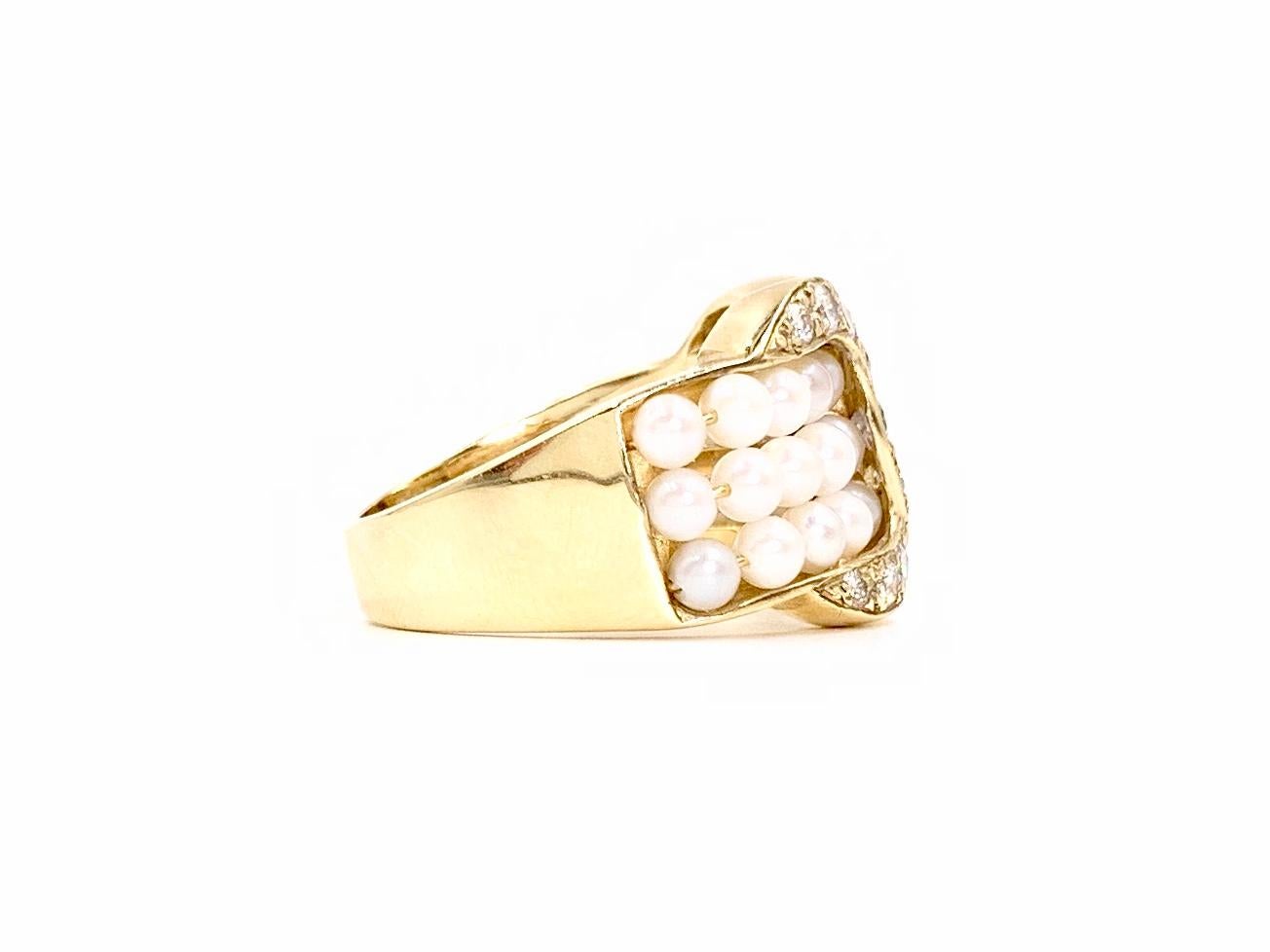 Round Cut Yellow Gold Diamond and Seed Pearl Ring For Sale
