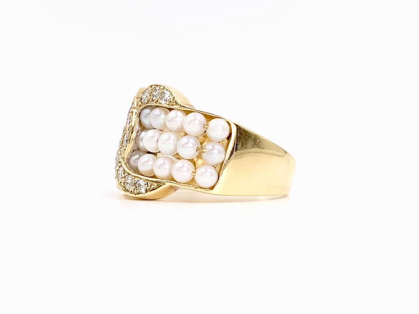 Women's Yellow Gold Diamond and Seed Pearl Ring For Sale