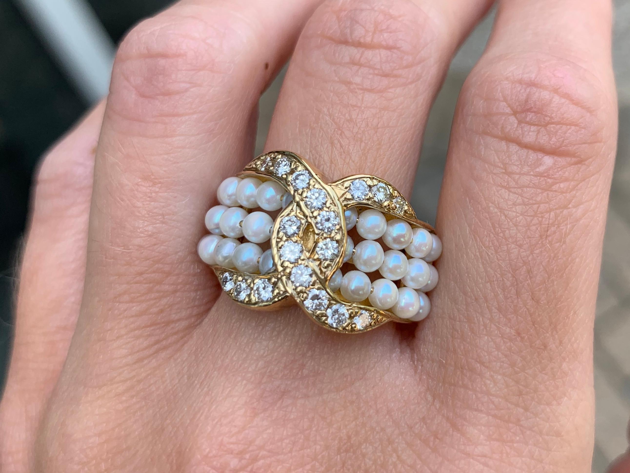 Yellow Gold Diamond and Seed Pearl Ring For Sale 3