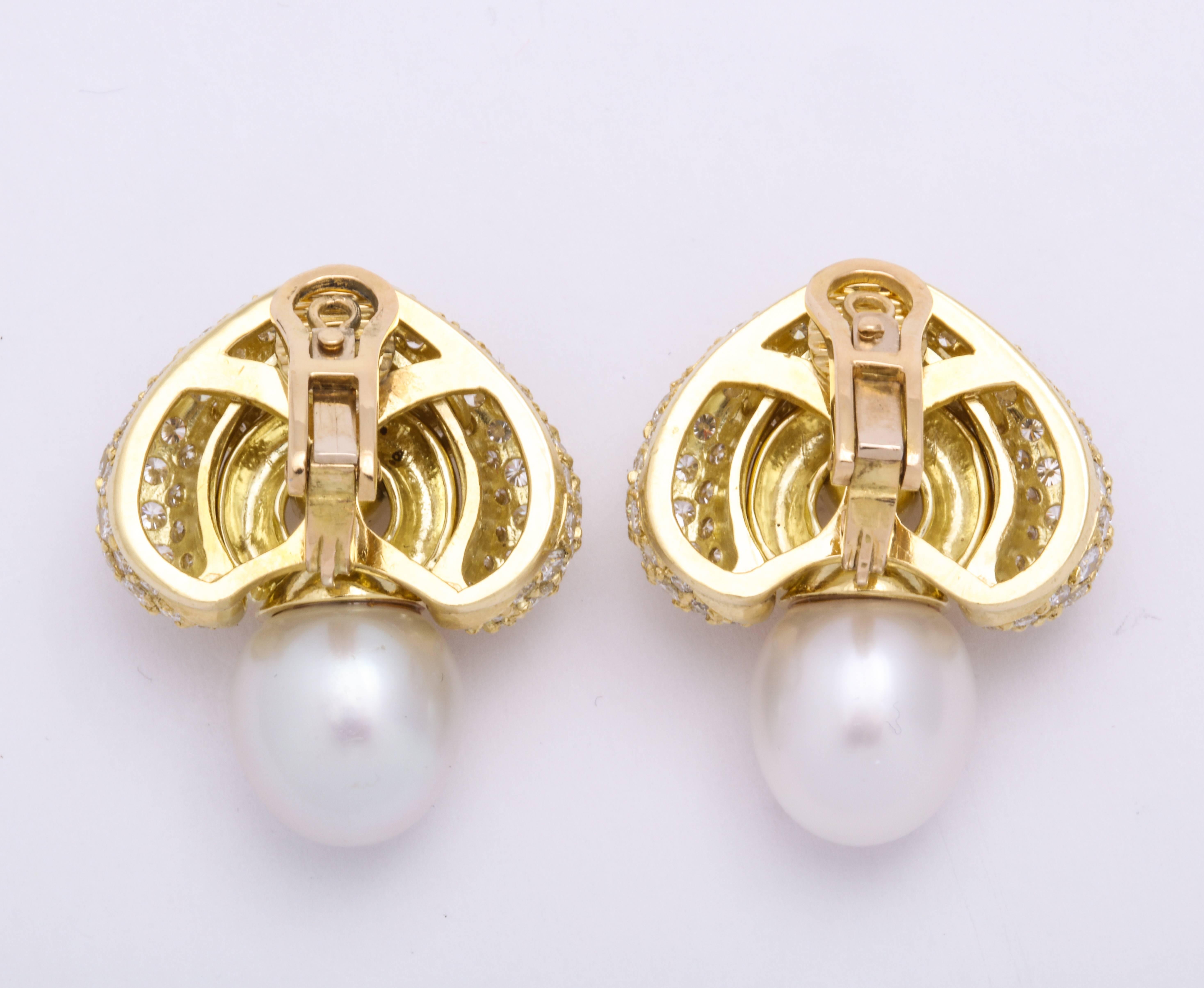 Contemporary Yellow Gold Diamond and South Sea Pearl Earrings