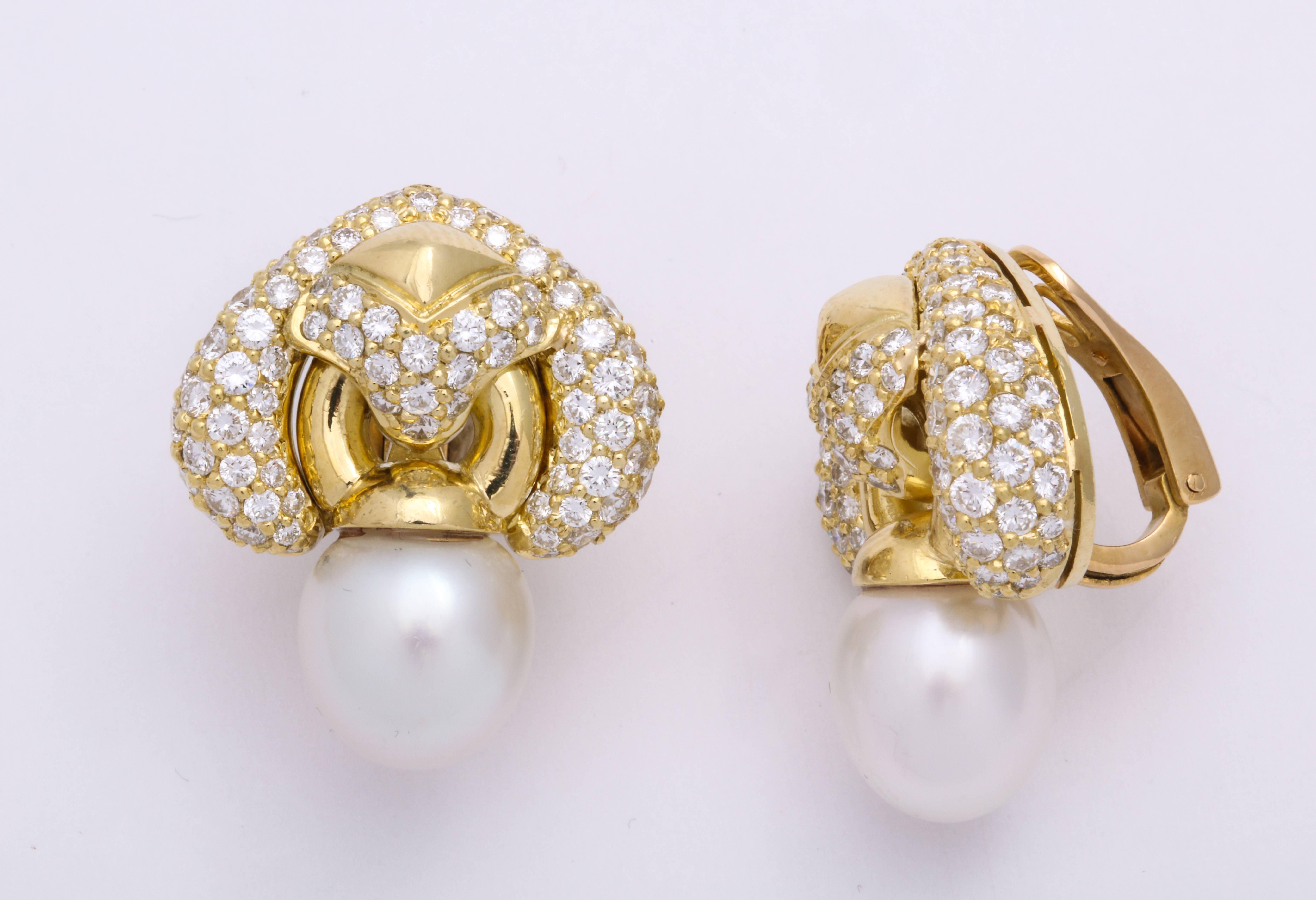 Round Cut Yellow Gold Diamond and South Sea Pearl Earrings
