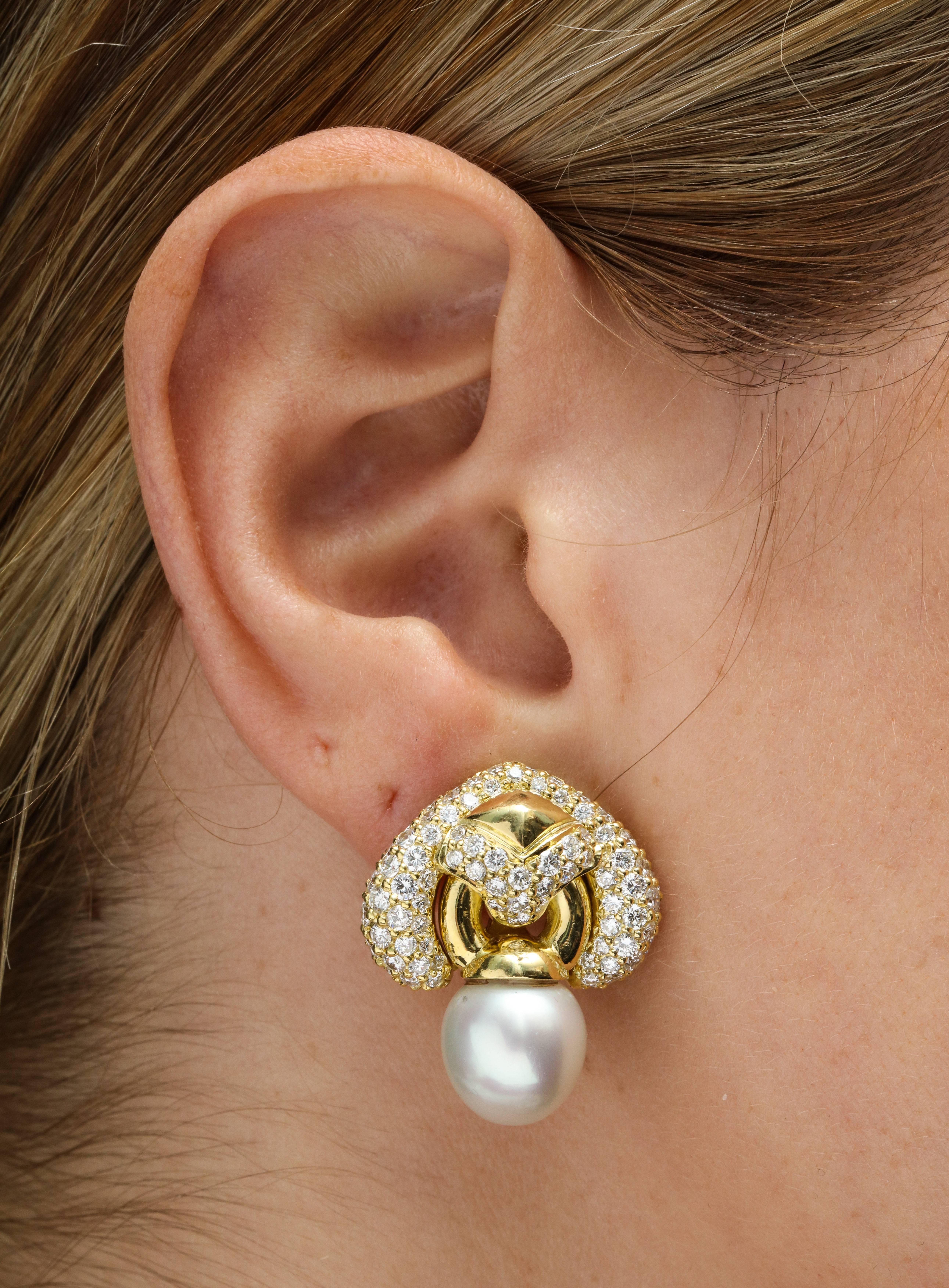 Yellow Gold Diamond and South Sea Pearl Earrings In New Condition In New York, NY