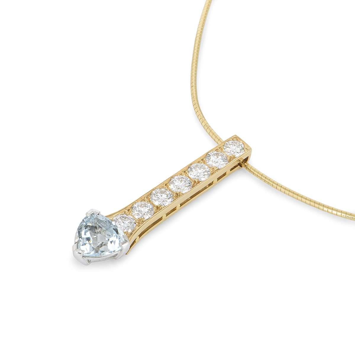 Yellow Gold Diamond & Aquamarine Drop Pendant In Excellent Condition In London, GB
