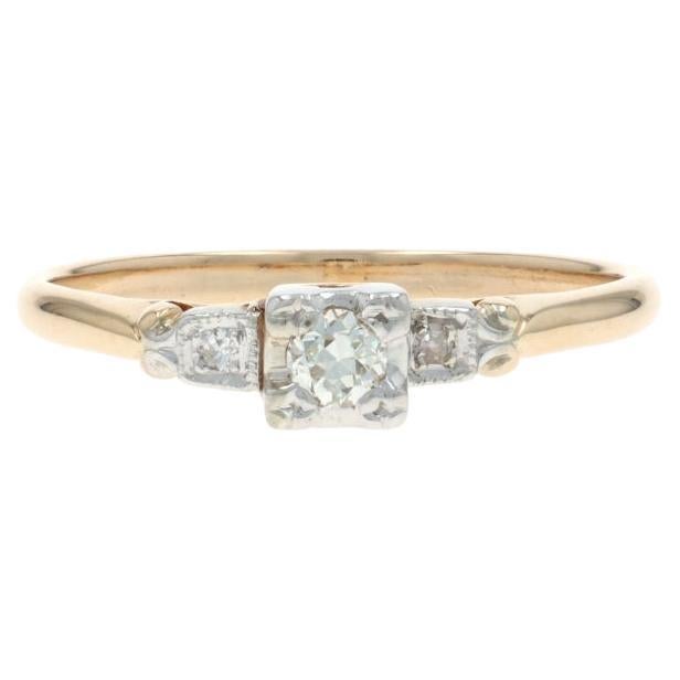 Yellow Gold Diamond Art Deco Engagement Ring - 14k European .16ctw Vintage For Sale
