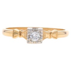 Yellow Gold Diamond Art Deco Engagement Ring - 14k European Cut Vintage Milgrain