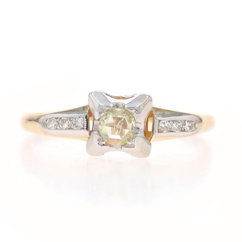 Size: 6 1/2
Sizing Fee: Up 1 1/2 sizes for $35 or Down 1 size for $35

Era: Art Deco
Date: 1920s - 1930s

Metal Content: 14k Yellow Gold & 14k White Gold

Stone Information
Natural Diamond
Carat(s): .15ct
Cut: Rose
Color: Light Yellow
Clarity: