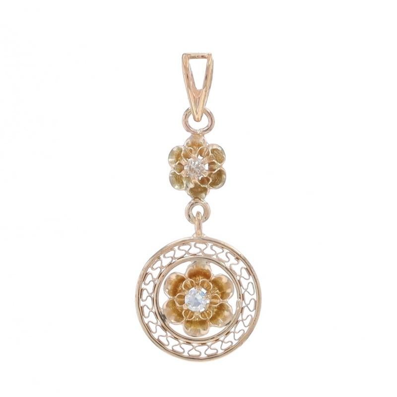 Era: Art Deco
Date: 1920s - 1930s

Metal Content: 10k Yellow Gold

Stone Information

Natural Diamonds
Carat(s): .03ctw
Cut: Single
Color: G - H
Clarity: VS1 - VS2

Style: Lavaliere
Theme: Floral
Features: Buttercup Mounts

Measurements

Tall (from