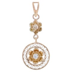 Gelbgold Diamant Art Deco Floral Lavaliere Anhänger - 10k Vintage Buttercup, Gelbgold