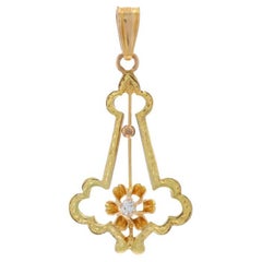 Yellow Gold Diamond Art Deco Floral Solitaire Lavaliere Pendant 10k Single