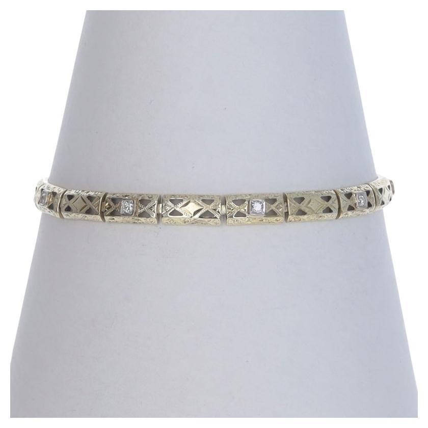 Yellow Gold Diamond Art Deco Link Bracelet 7" 14k European .15ctw Vintage Etched en vente