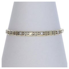 Yellow Gold Diamond Art Deco Link Bracelet 7" 14k European .15ctw Vintage Etched