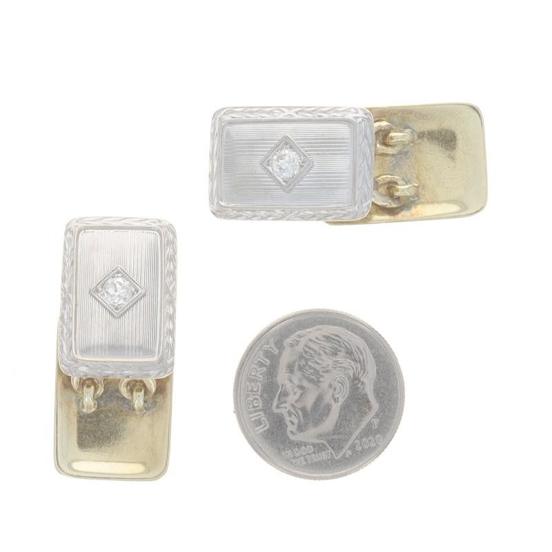 Yellow Gold Diamond Art Deco Men's Cufflinks -14k European .30ctw Etched Vintage In Excellent Condition For Sale In Greensboro, NC
