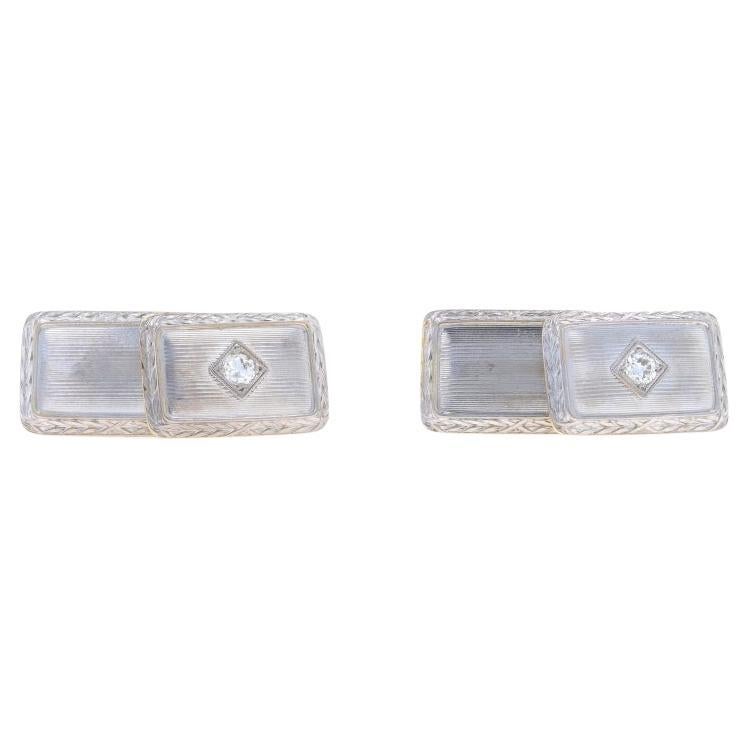 Yellow Gold Diamond Art Deco Men's Cufflinks -14k European .30ctw Etched Vintage