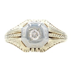 Yellow Gold Diamond Art Deco Men's Ring 14k & 18k European .18ct Etched Vintage
