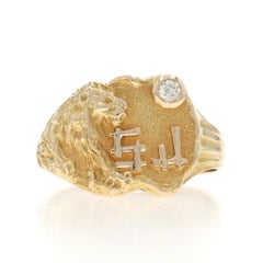 Yellow Gold Diamond Art Deco Men's Signet Ring 14k Mine Lion SJ Initials SZ 8