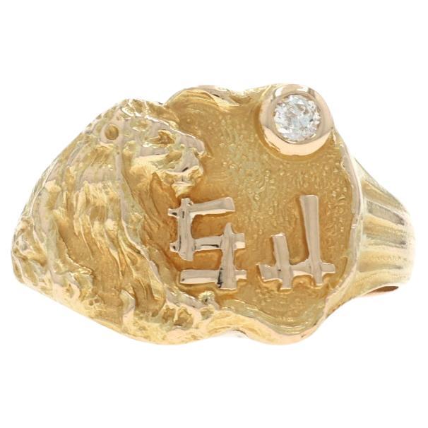 Yellow Gold Diamond Art Deco Men
s Signet Ring 14k Mine Lion SJ Initials SZ 8 For Sale