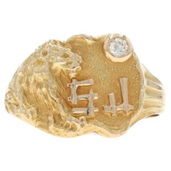 Yellow Gold Diamond Art Deco Men
s Signet Ring 14k Mine Lion SJ Initials SZ 8