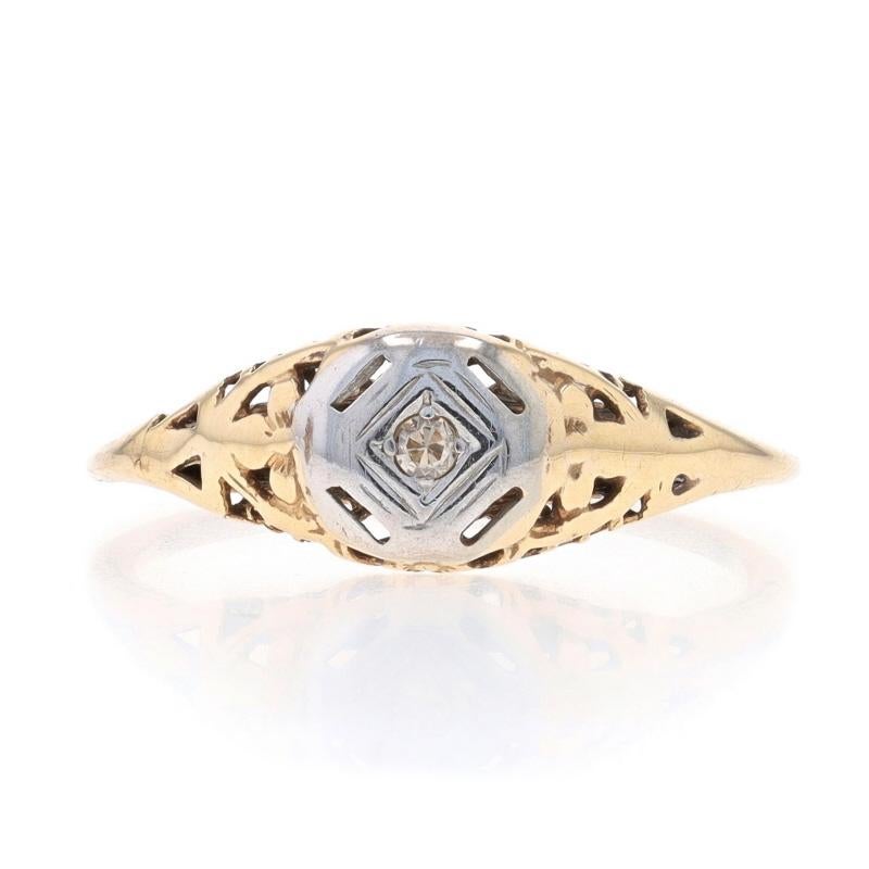 Size: 6
Sizing Fee: Up 2 sizes for $35 or Down 2 sizes for $35

Era: Art Deco
Date: 1920s - 1930s

Metal Content: 14k Yellow Gold & 14k White Gold

Stone Information
Natural Diamond
Cut: Single
Stone Note: (one small diamond)

Style: