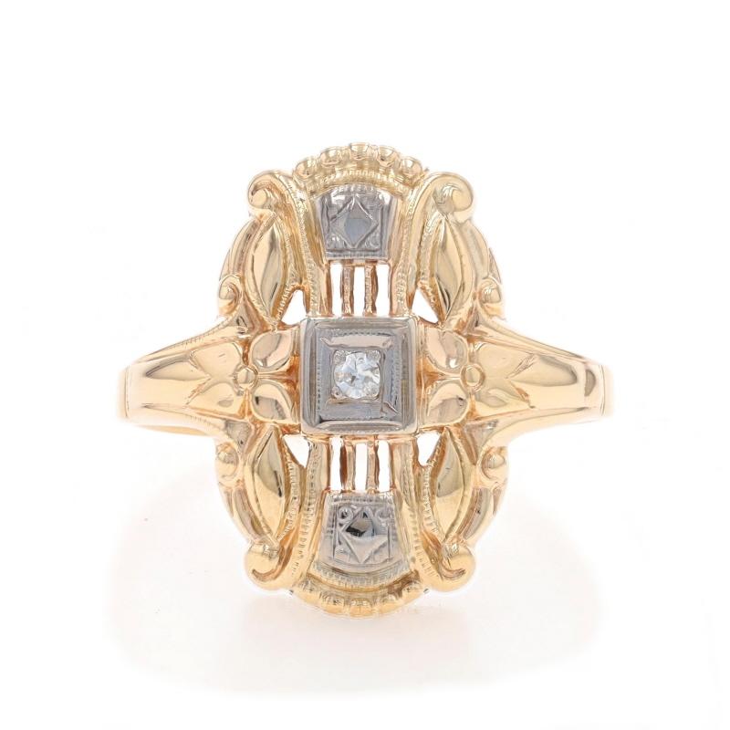 Size: 7 1/2
Sizing Fee: Up 3 sizes for $35 or Down 2 sizes for $35

Era: Art Deco
Date: 1920s - 1930s

Metal Content: 14k Yellow Gold & 14k White Gold

Stone Information

Natural Diamond
Carat(s): .02ct
Cut: Single
Color: H
Clarity: SI1

Style: