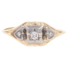 Yellow Gold Diamond Art Deco Three-Stone Ring - 14k Vintage Starburst Hearts