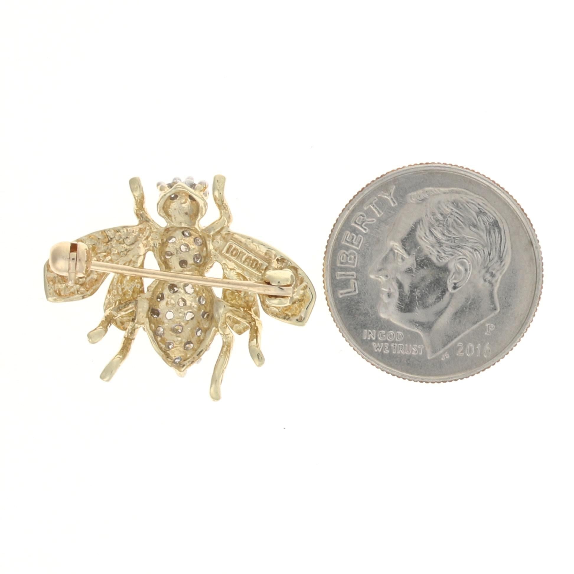 Yellow Gold Diamond Bee Brooch, 10k Single Cut .25ctw Flying Insect Pin In Excellent Condition In Greensboro, NC