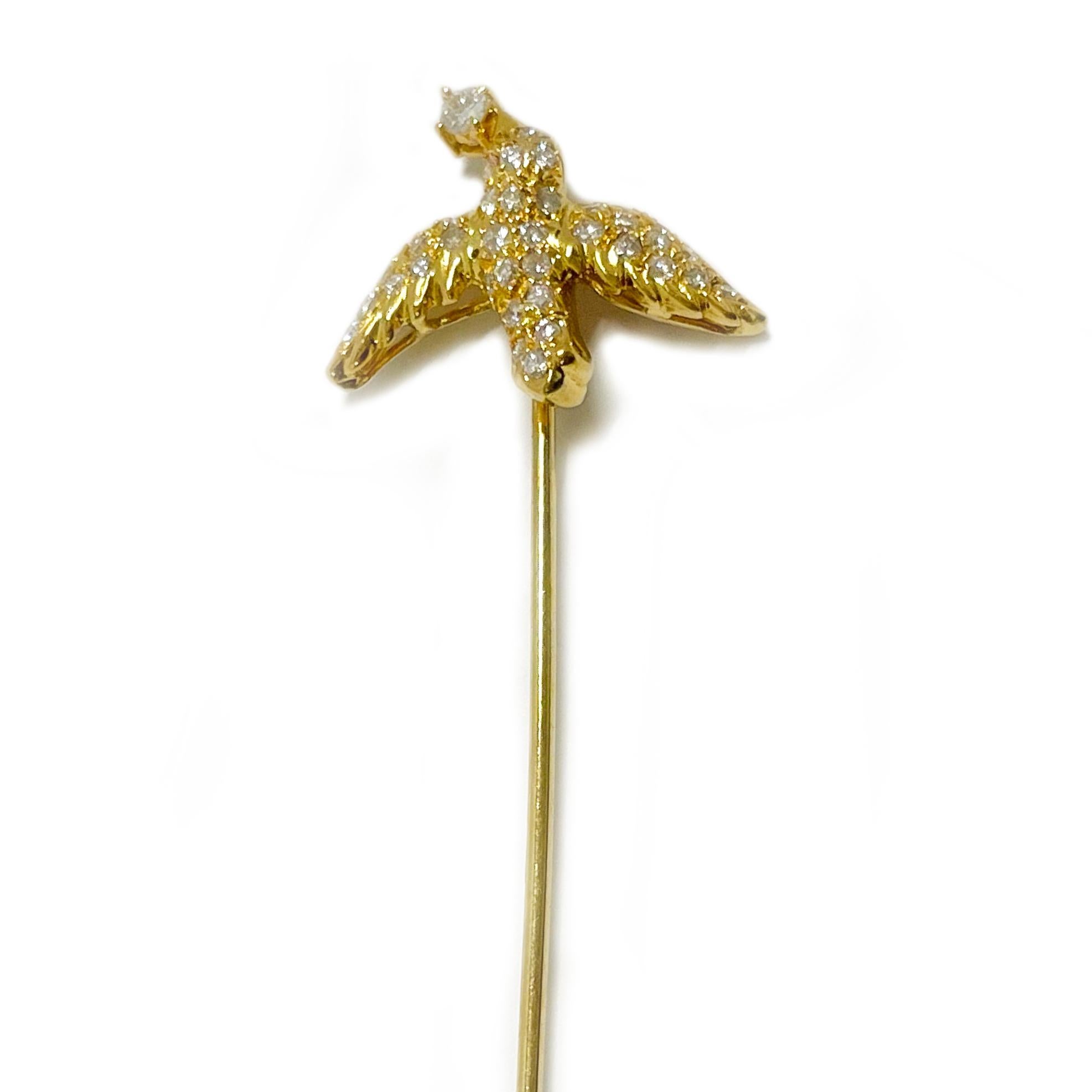 Tested 18 Karat Yellow Gold Diamond Bird Stick Pin. This adorable pin features thirty-nine brilliant -cut round diamonds set on the bird body, wings, and head. There is one 2.6mm diamond and thirty-eight 1.72mm diamonds for a total carat weight of