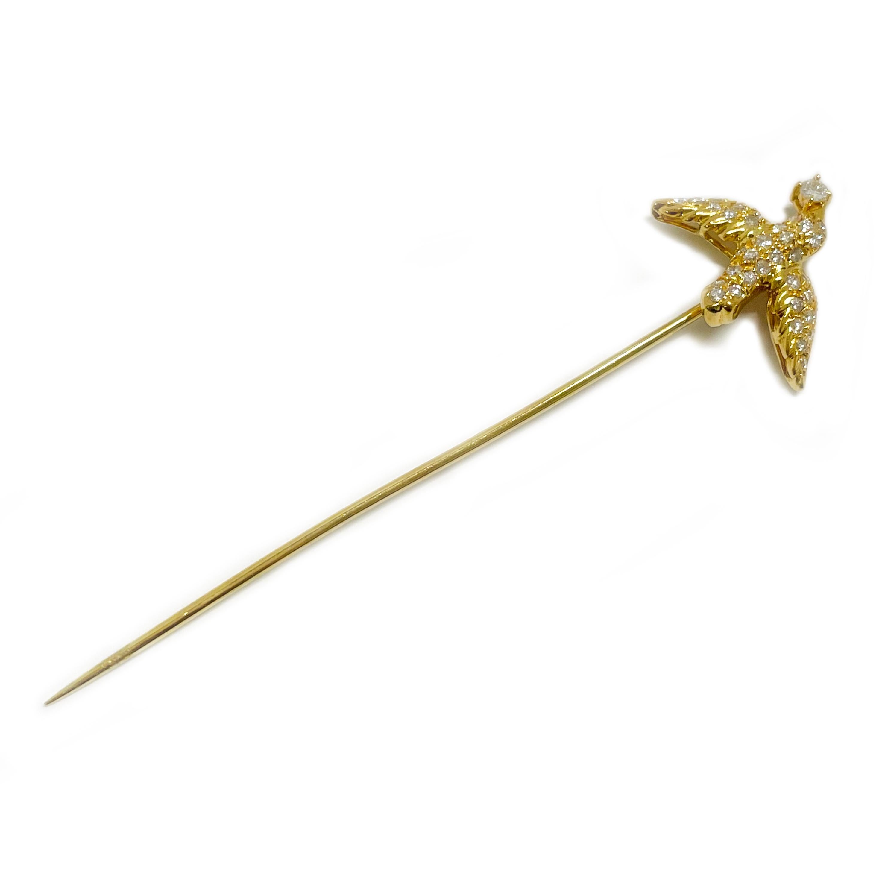Retro Yellow Gold Diamond Bird Stick Pin For Sale