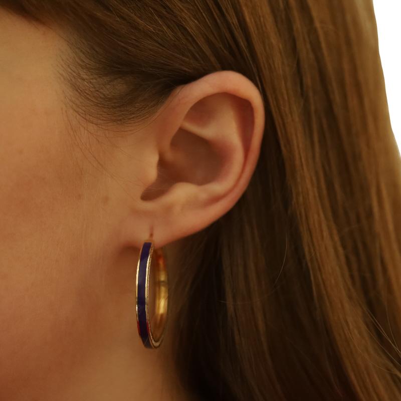 Round Cut Yellow Gold Diamond Blue Enamel Hoop Earrings - 14k Round Brilliant 1.26ctw Pier For Sale