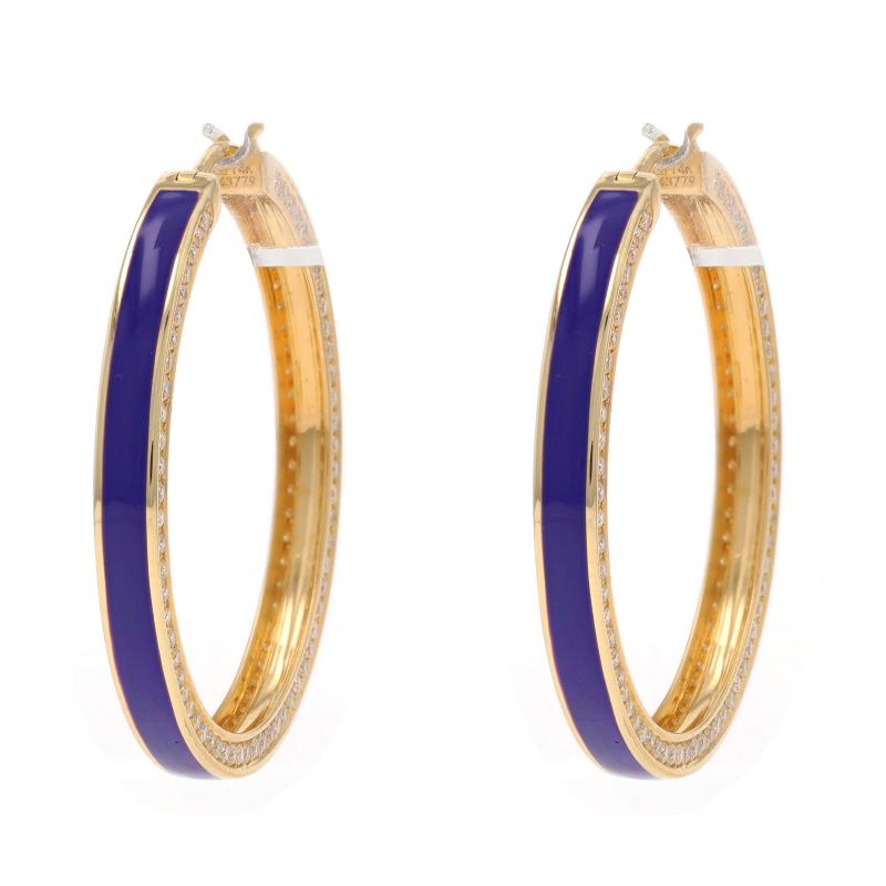 Yellow Gold Diamond Blue Enamel Hoop Earrings - 14k Round Brilliant 1.26ctw Pier For Sale 1