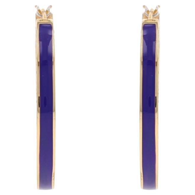 Yellow Gold Diamond Blue Enamel Hoop Earrings - 14k Round Brilliant 1.26ctw Pier